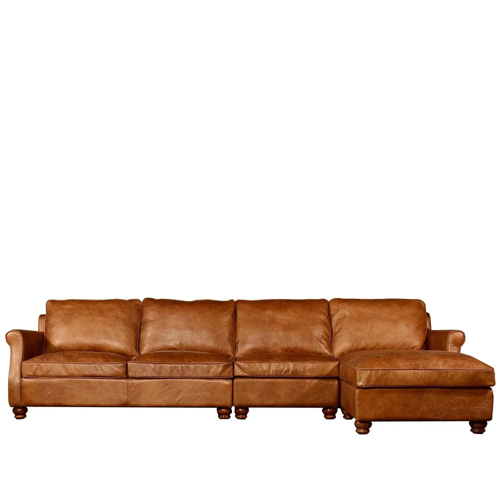 Vintage genuine leather l shape sectional sofa barclay 3+l in white background.