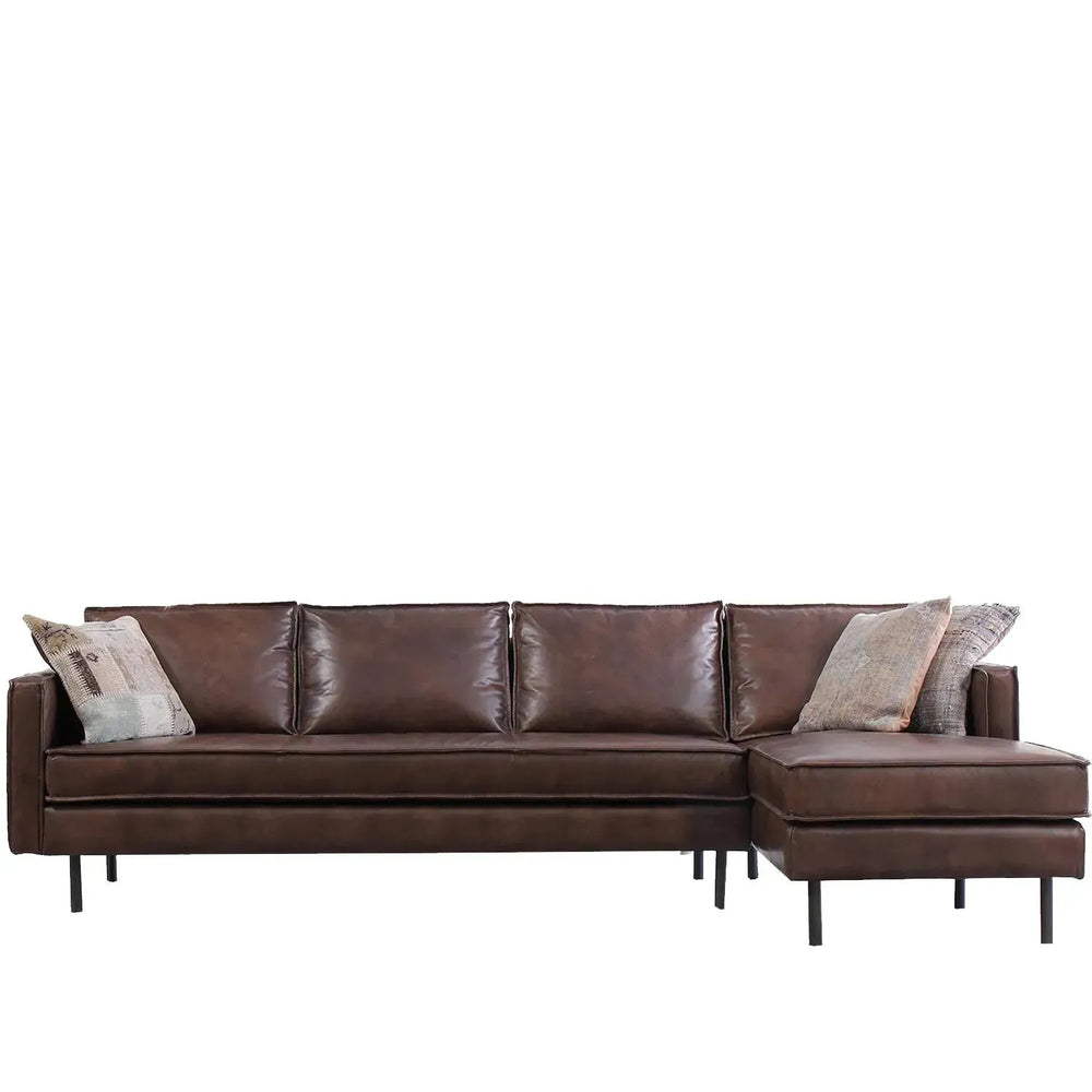 Vintage genuine leather l shape sectional sofa belgian 3+l in white background.