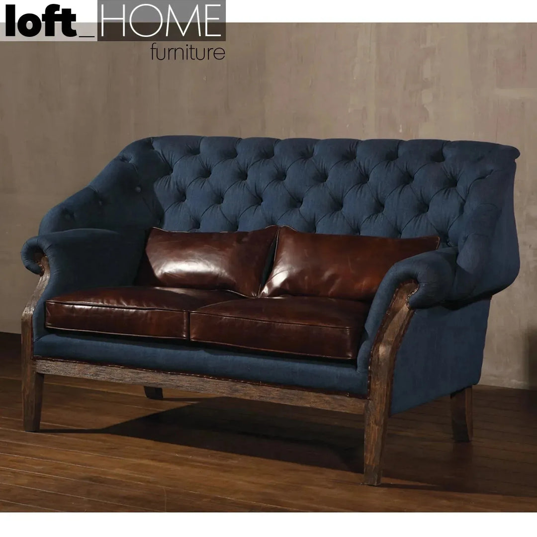 Vintage jeans fabric and genuine leather 2 seater sofa cowboy in details.