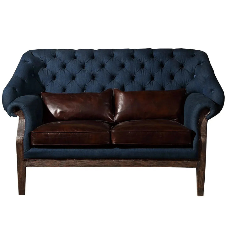 Vintage jeans fabric and genuine leather 2 seater sofa cowboy in white background.