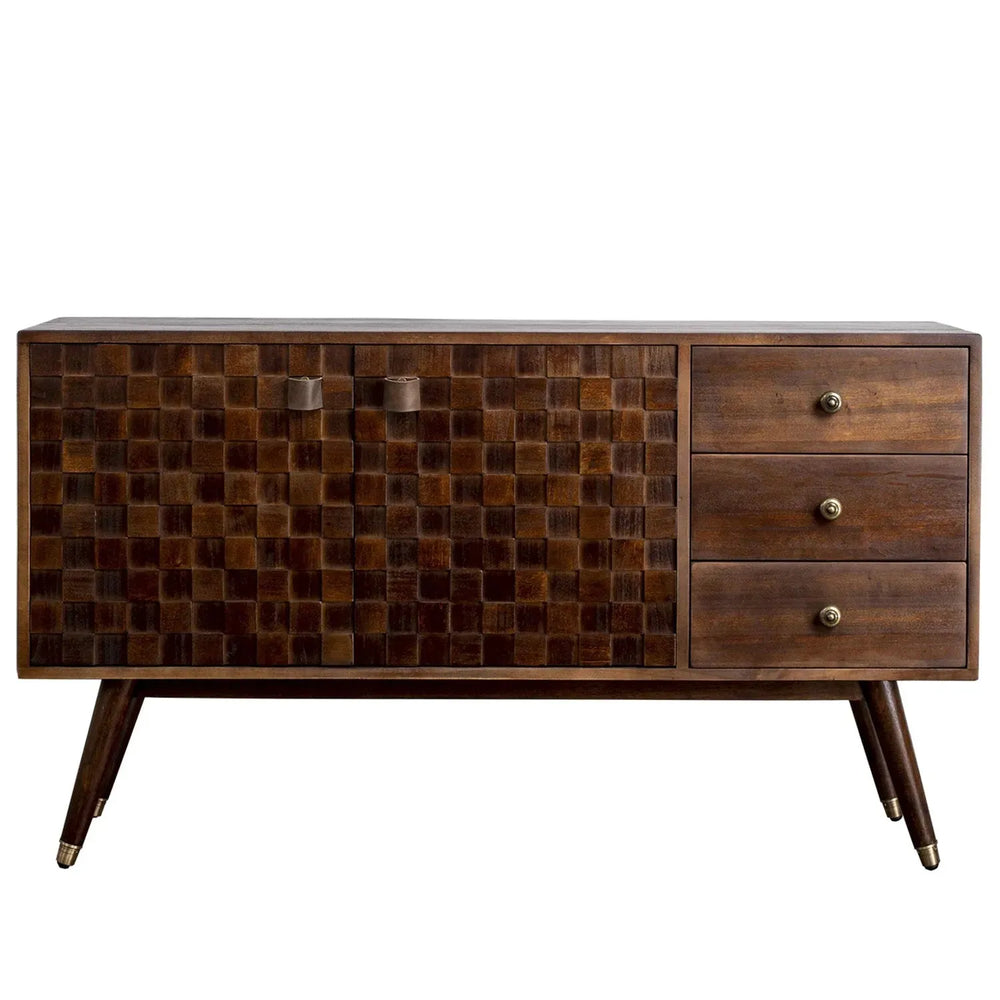Vintage poplar wood drawer cabinet leon in white background.