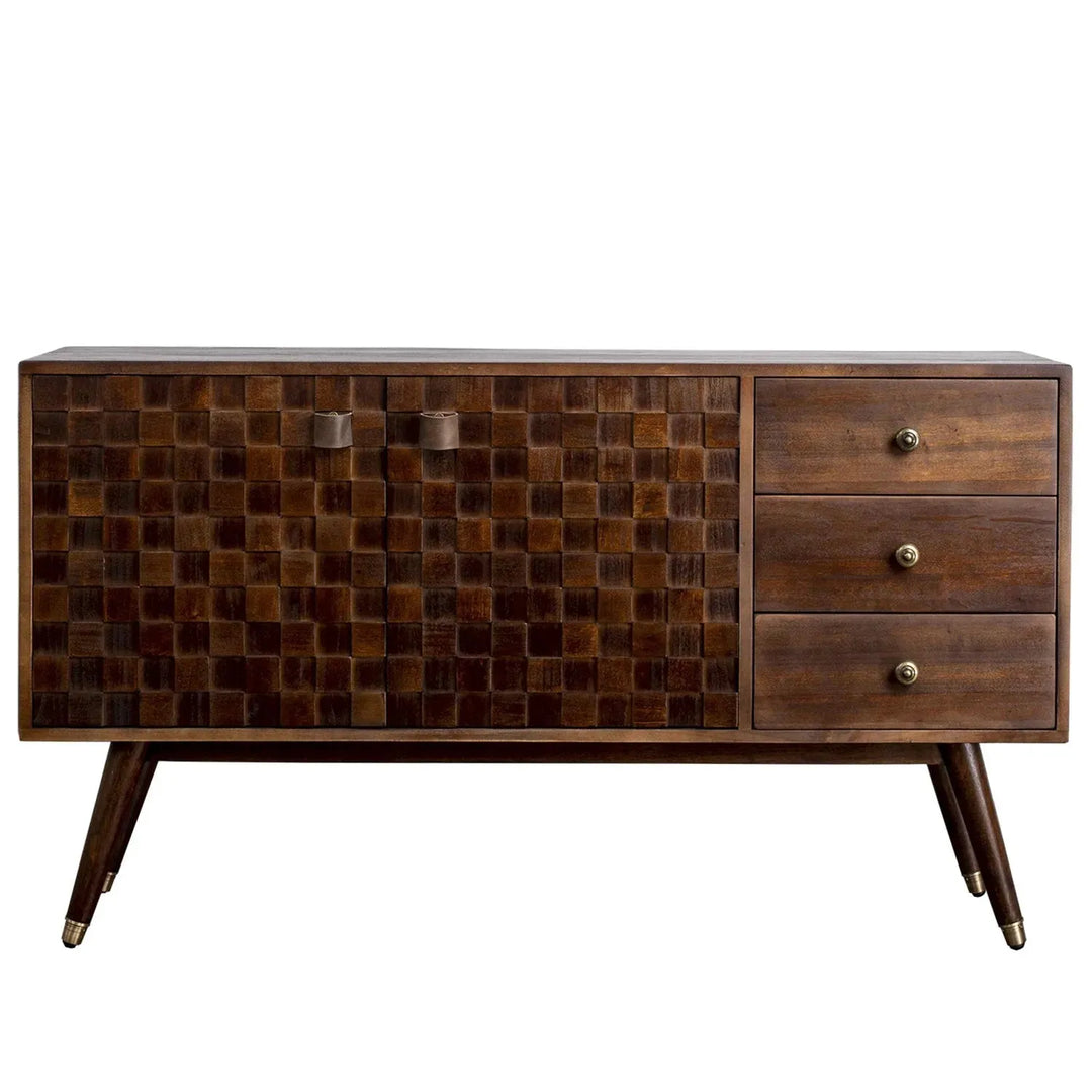 Vintage poplar wood drawer cabinet leon in white background.
