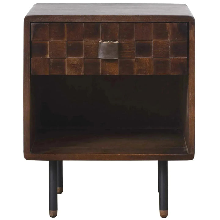 Vintage poplar wood side table leon in white background.