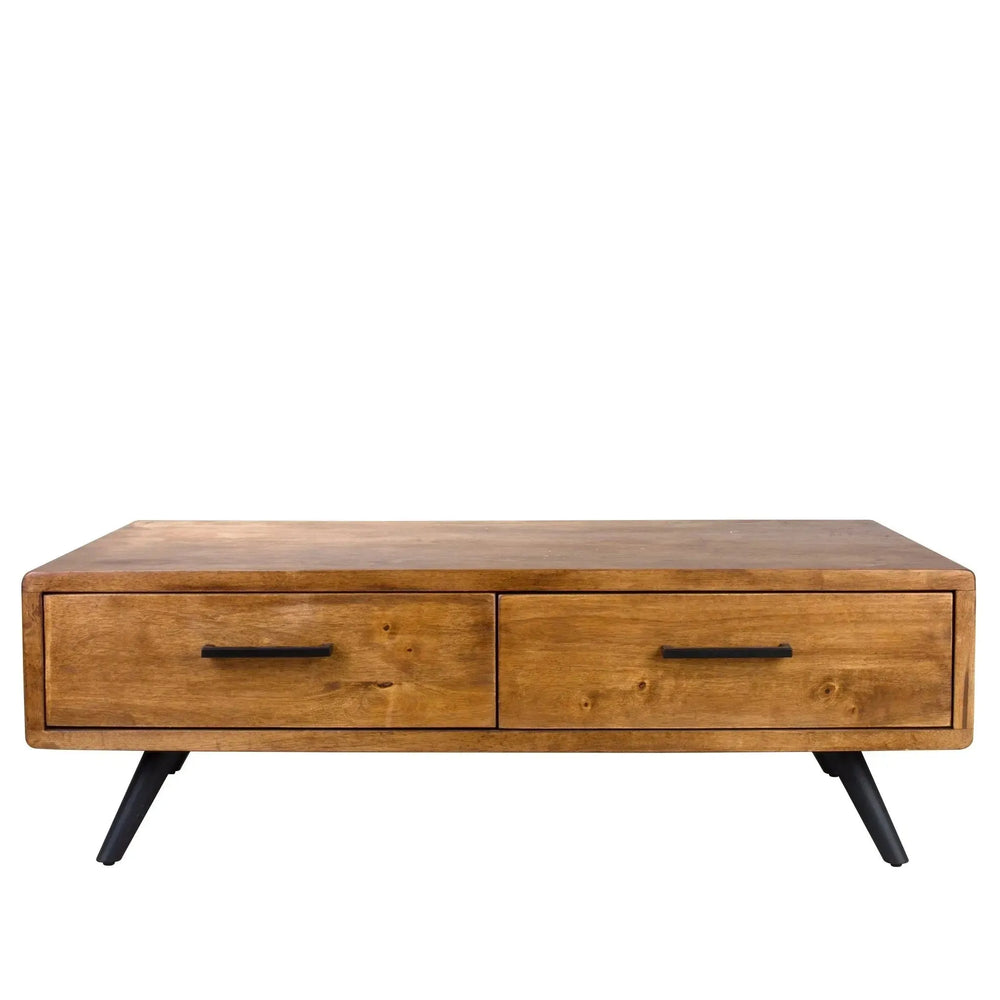 Industrial rubber wood coffee table serb in white background.