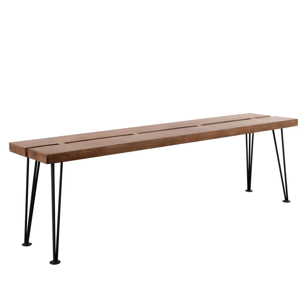 Industrial rubber wood dining bench dovetail in white background.