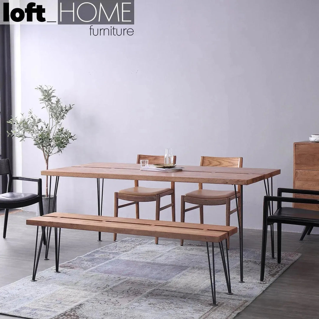 Industrial rubber wood dining table dovetail primary product view.
