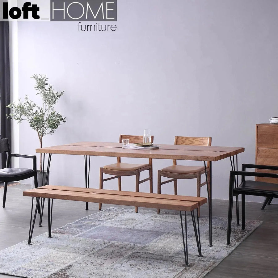 Industrial rubber wood dining table dovetail primary product view.