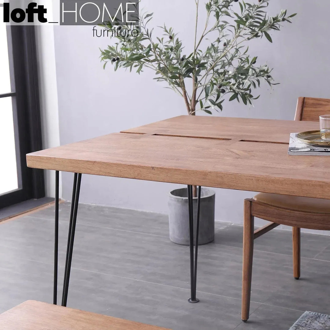 Industrial rubber wood dining table dovetail in details.
