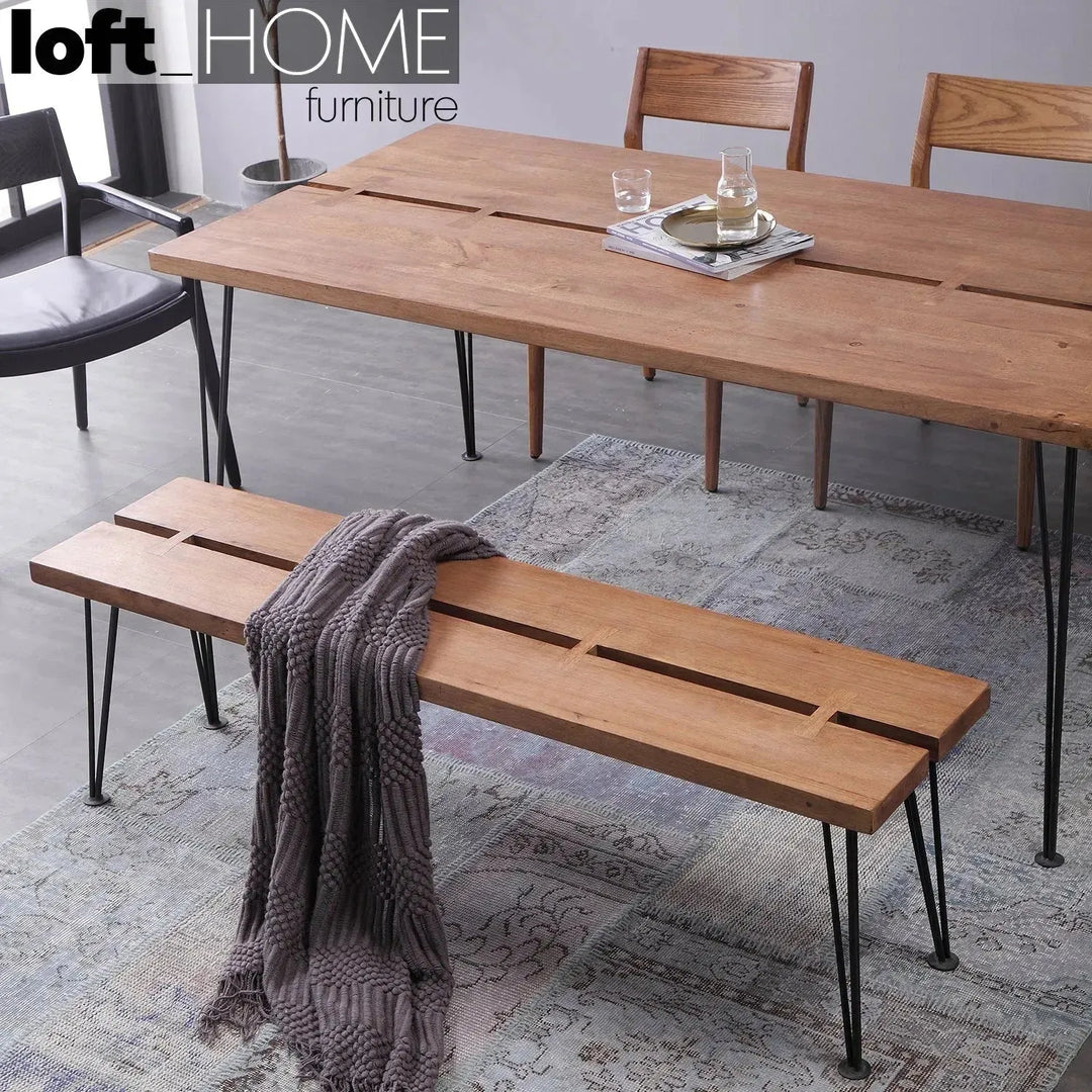 Industrial rubber wood dining table dovetail in still life.
