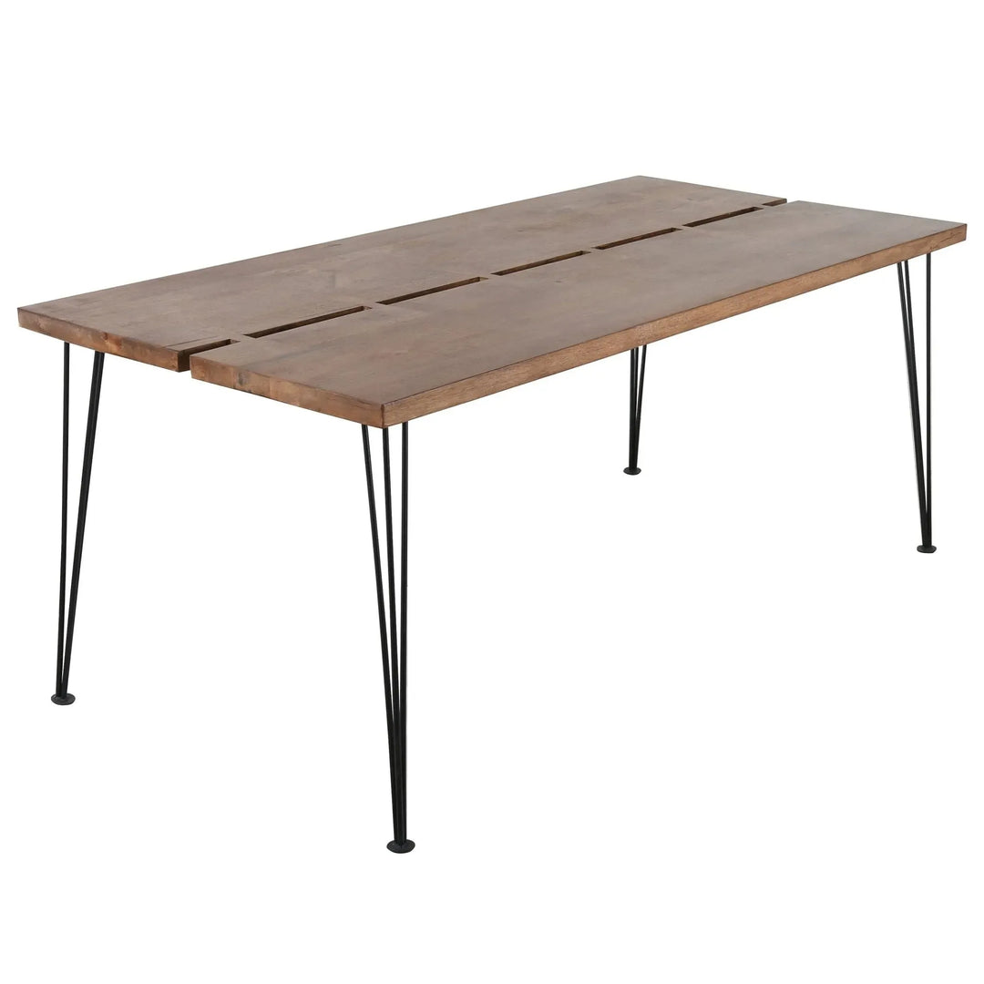 Industrial rubber wood dining table dovetail in white background.