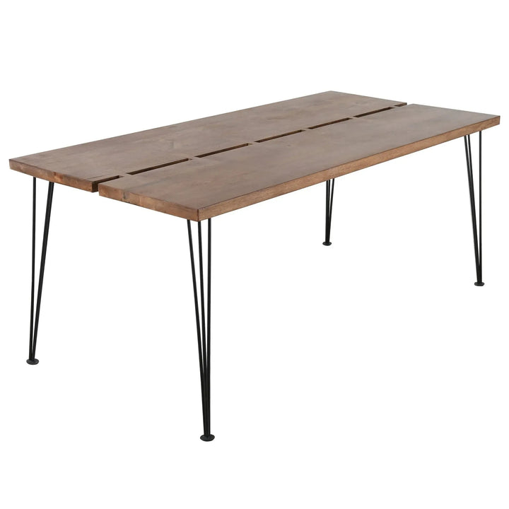 Industrial rubber wood dining table dovetail in white background.