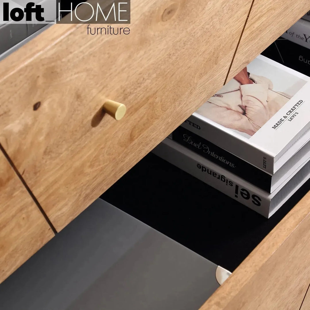 Industrial rubber wood drawer cabinet silver with context.