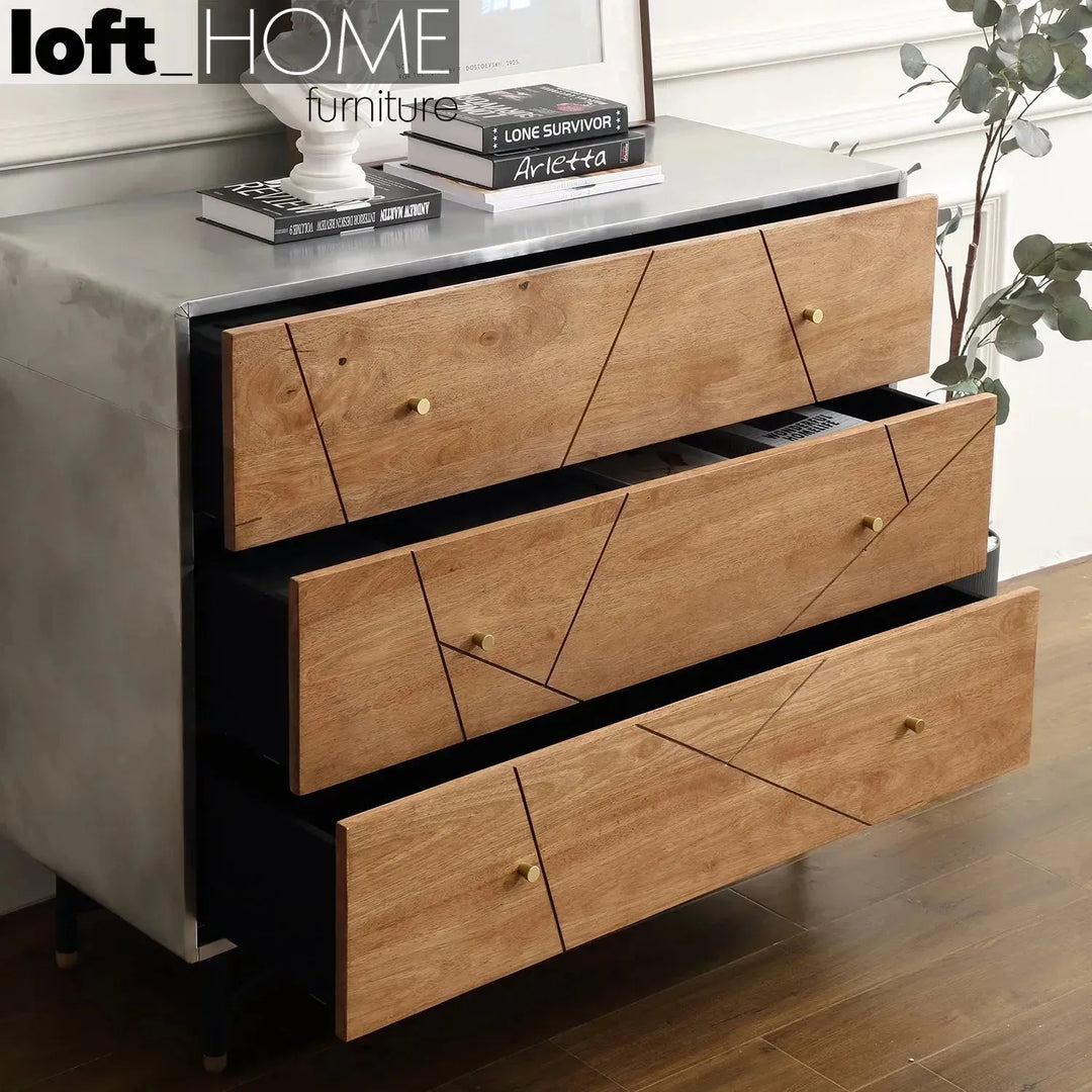Industrial rubber wood drawer cabinet silver color swatches.