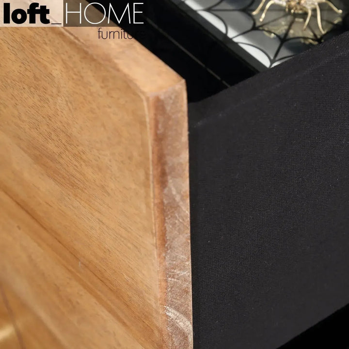 Industrial rubber wood drawer cabinet silver in details.