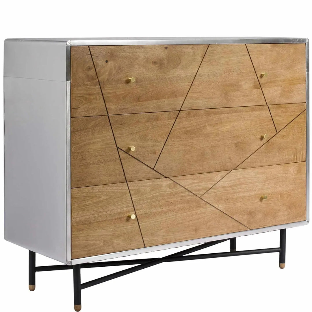 Industrial rubber wood drawer cabinet silver in panoramic view.