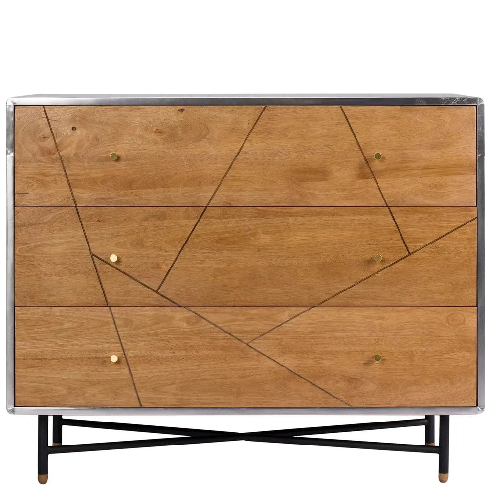 Industrial rubber wood drawer cabinet silver in white background.