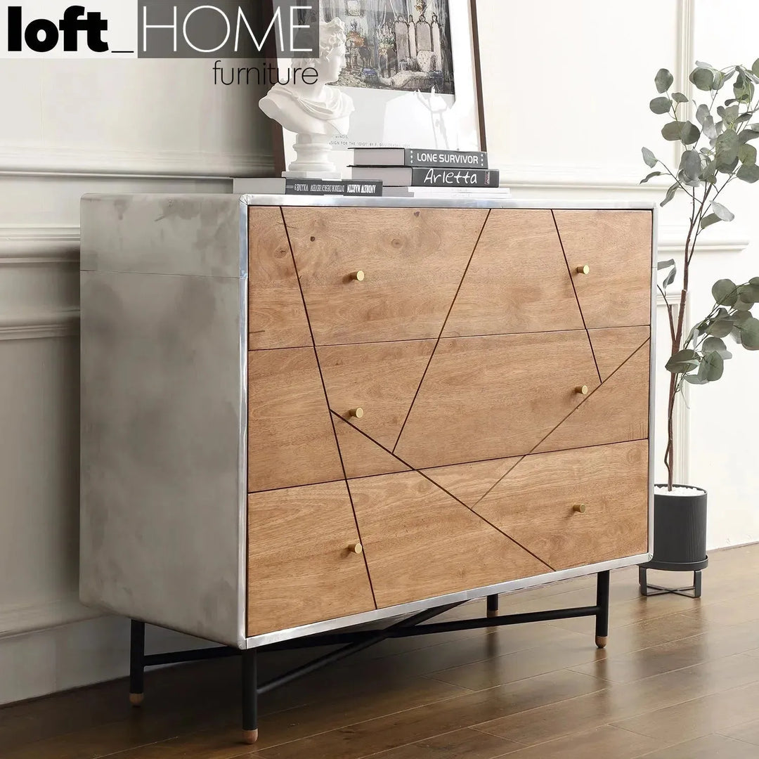 Industrial rubber wood drawer cabinet silver primary product view.