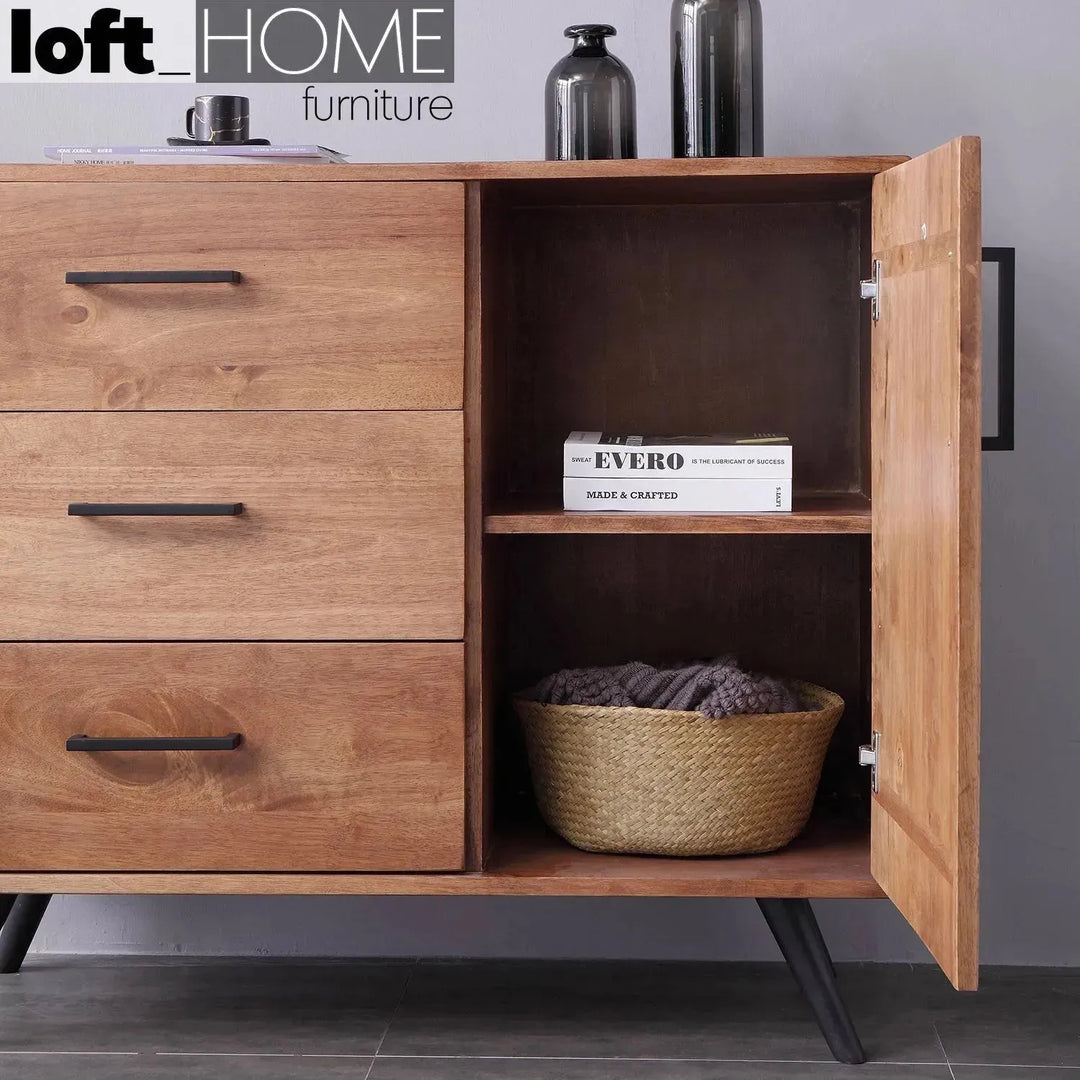 Industrial rubber wood side cabinet serb in real life style.