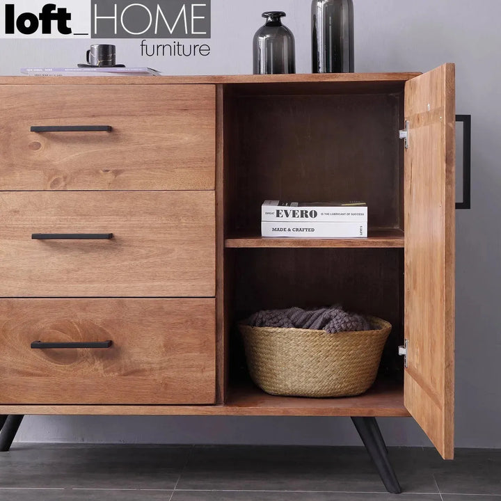 Industrial rubber wood side cabinet serb in real life style.