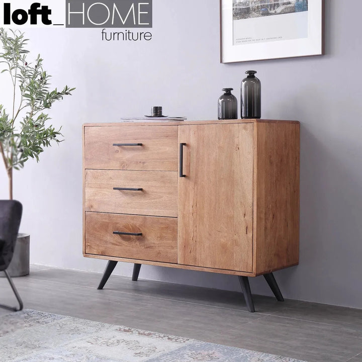 Industrial rubber wood side cabinet serb color swatches.