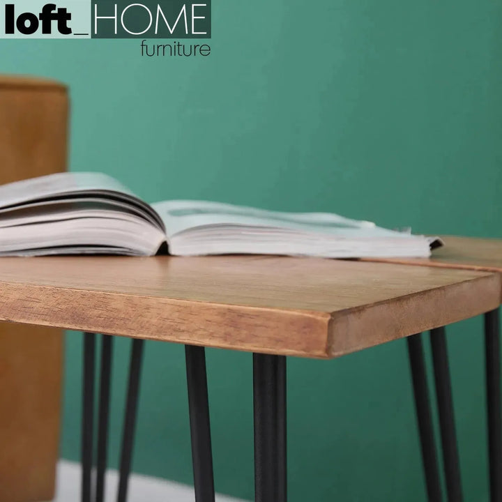 Industrial rubber wood side table dovetail with context.
