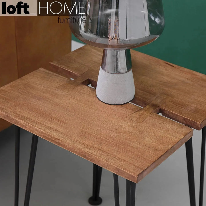 Industrial rubber wood side table dovetail material variants.