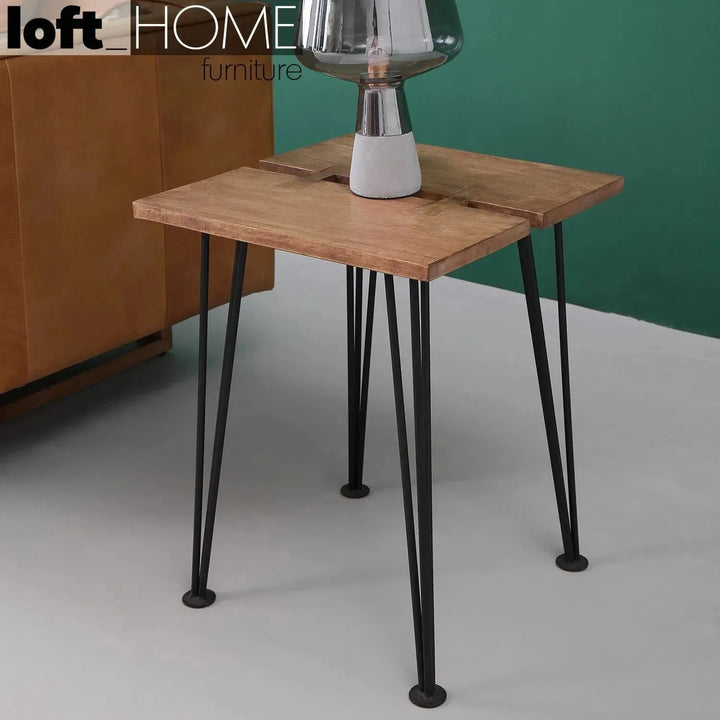 Industrial rubber wood side table dovetail primary product view.