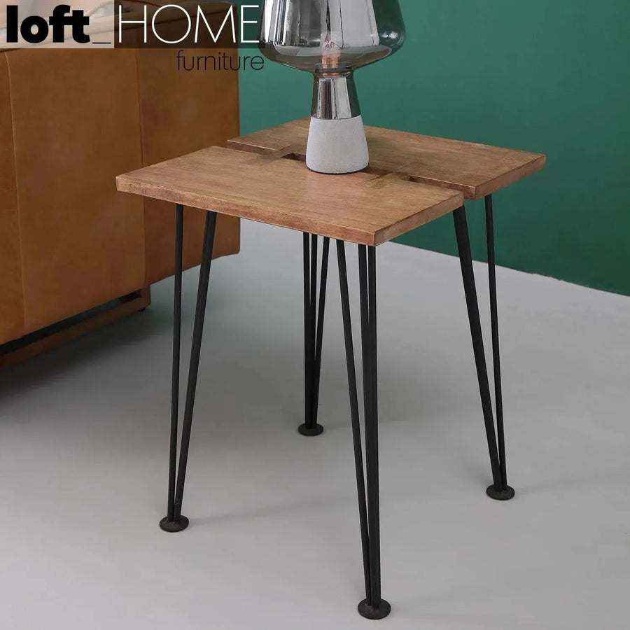 Industrial rubber wood side table dovetail primary product view.