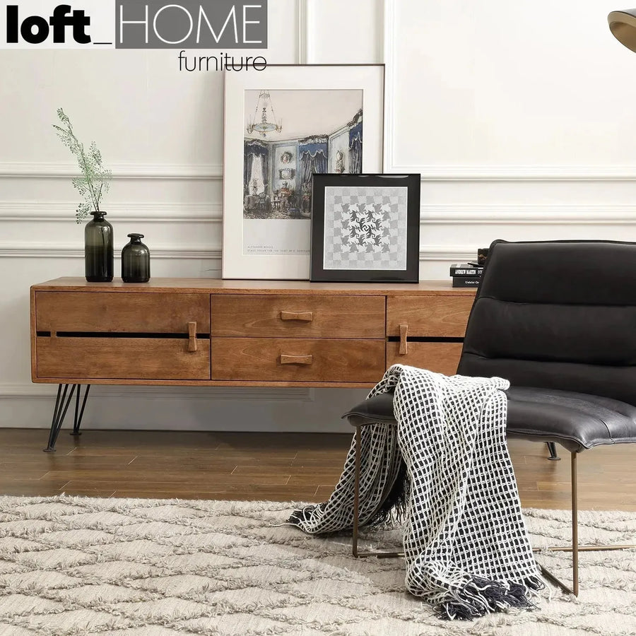 Industrial rubber wood tv console dovetail primary product view.