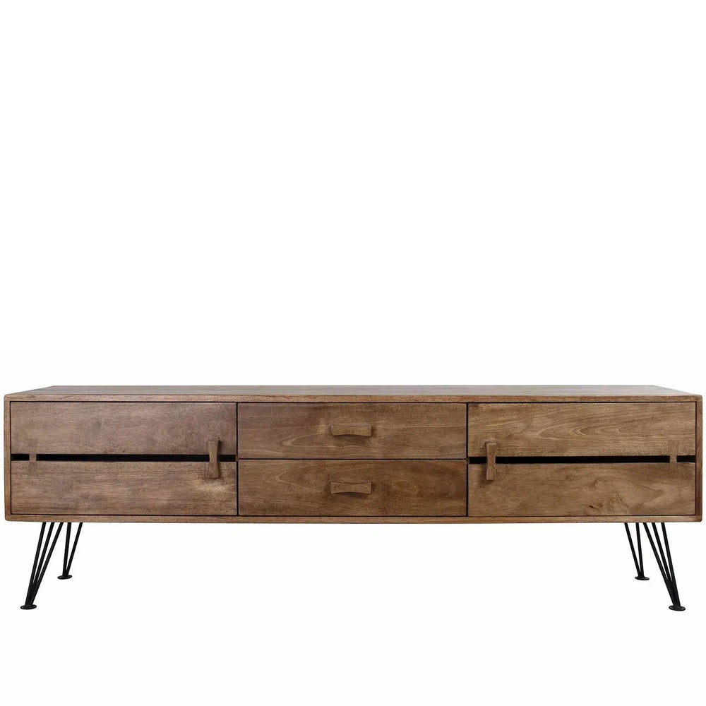 Industrial rubber wood tv console dovetail in white background.