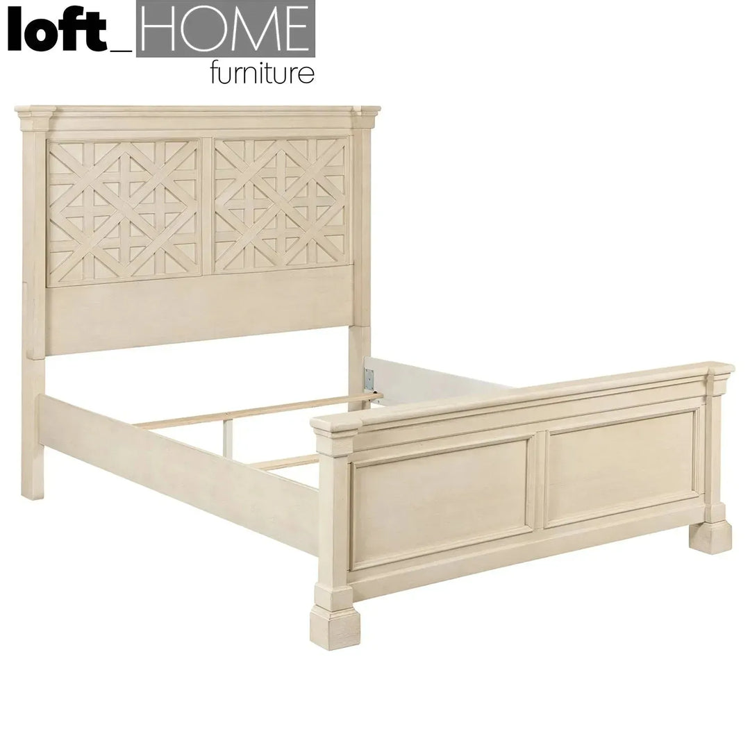 Vintage wood bed frame bolanburg asia queen in still life.