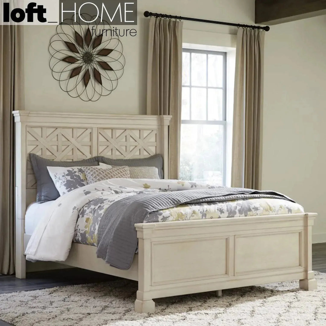 Vintage wood bed frame bolanburg asia queen in close up details.