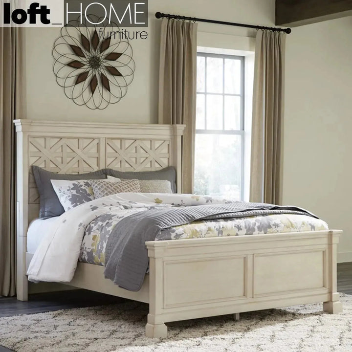 Vintage wood bed frame bolanburg asia queen in close up details.