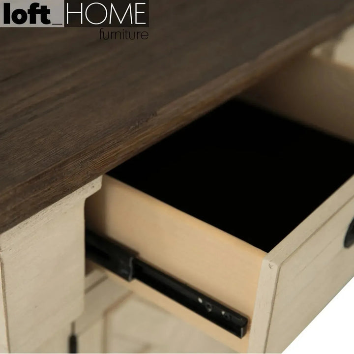 Vintage wood side table bolanburg in panoramic view.