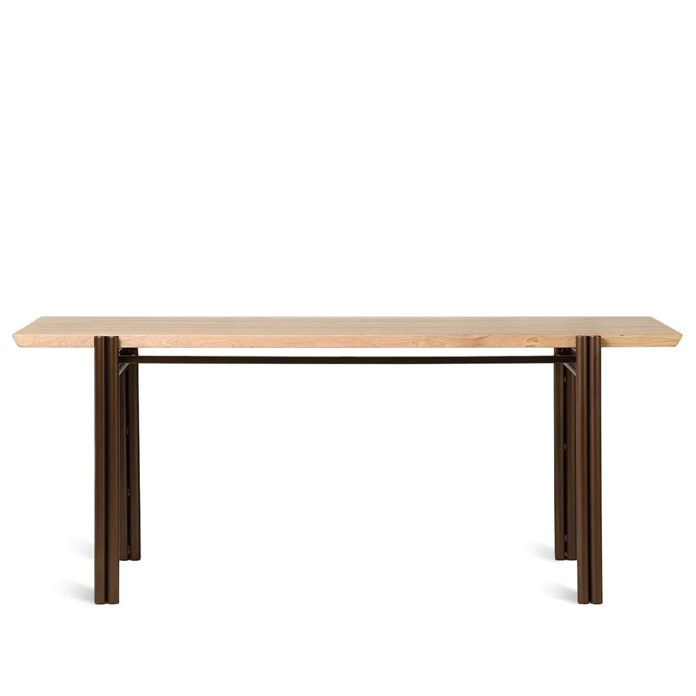 Industrial wooden dining table breezy in white background.