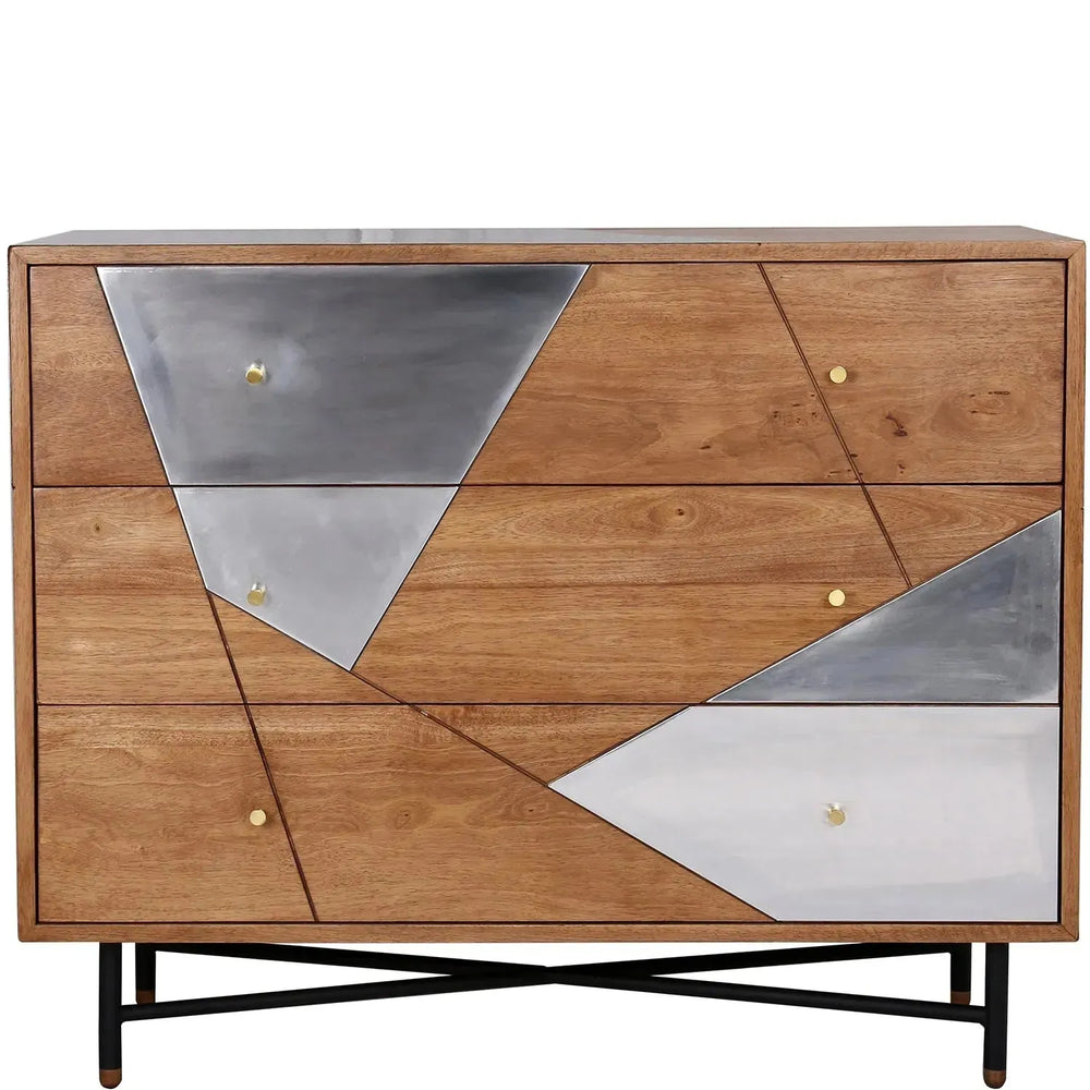 Industrial wooden drawer cabinet greyash alu in white background.