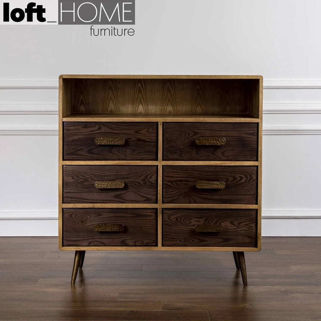 Vintage wooden drawer cabinet hammer brass primary product view.
