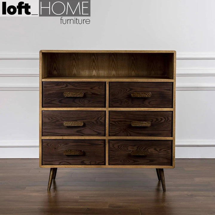 Vintage wooden drawer cabinet hammer brass primary product view.
