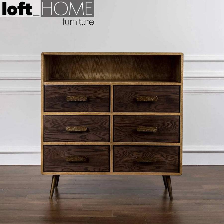 Vintage wooden drawer cabinet hammer brass primary product view.