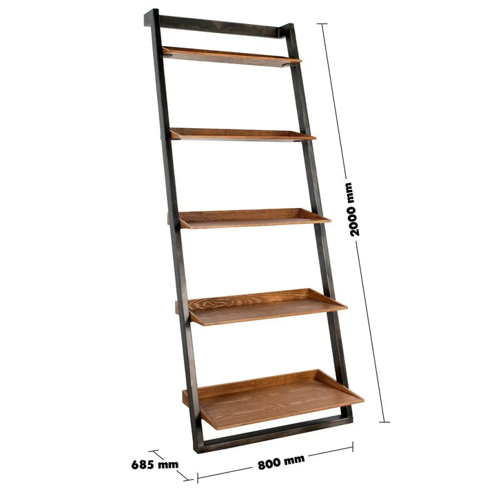 Industrial wooden display shelf greyash size charts.