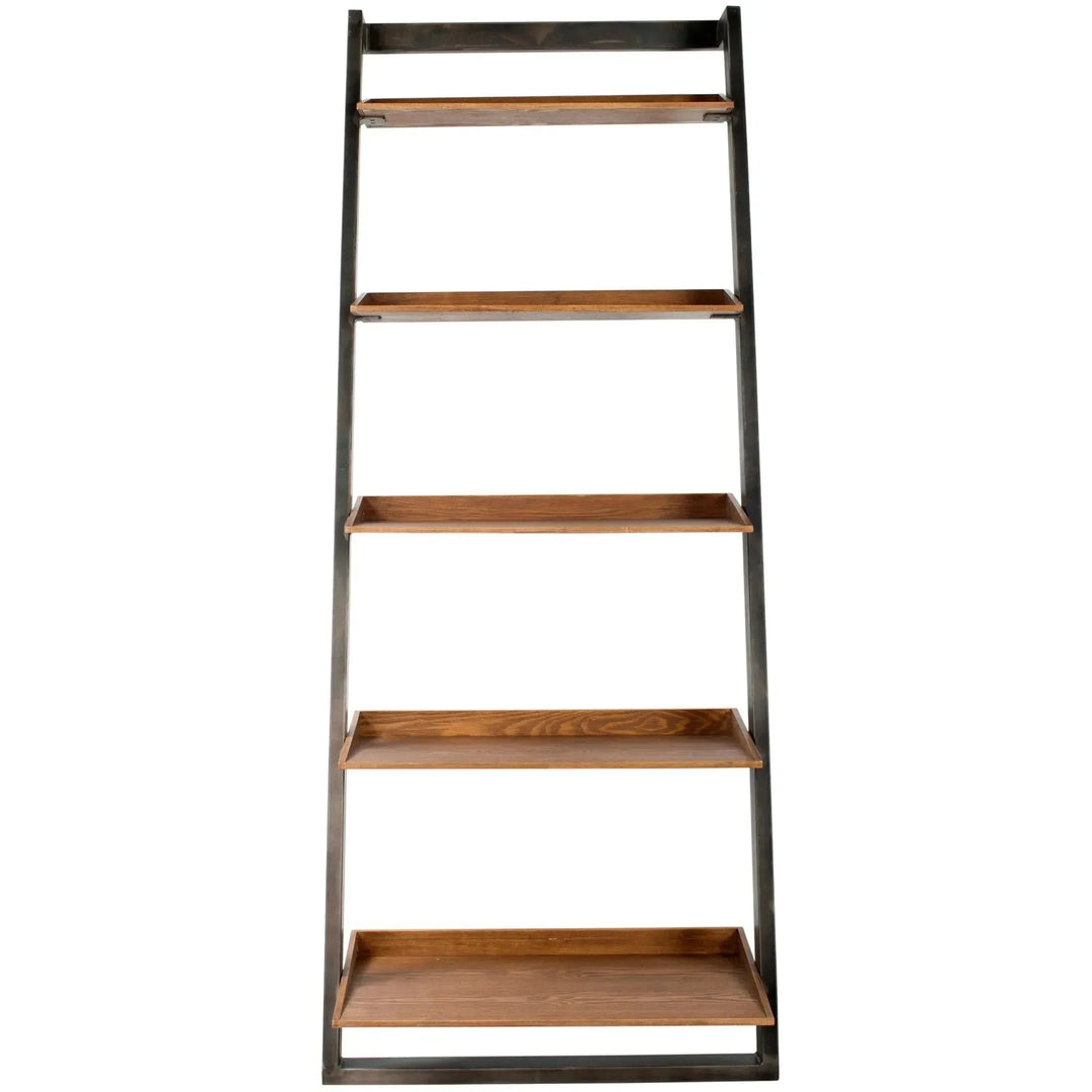 Industrial wooden display shelf greyash in white background.