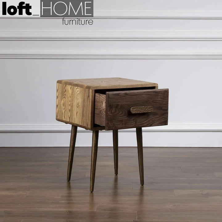 Vintage wooden side table hammer brass material variants.