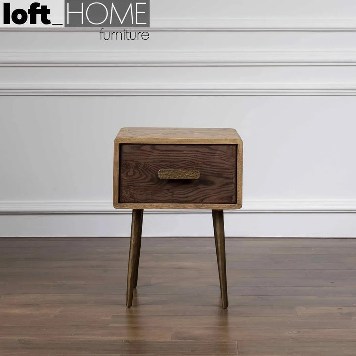 Vintage wooden side table hammer brass primary product view.