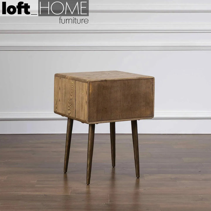 Vintage wooden side table hammer brass in real life style.