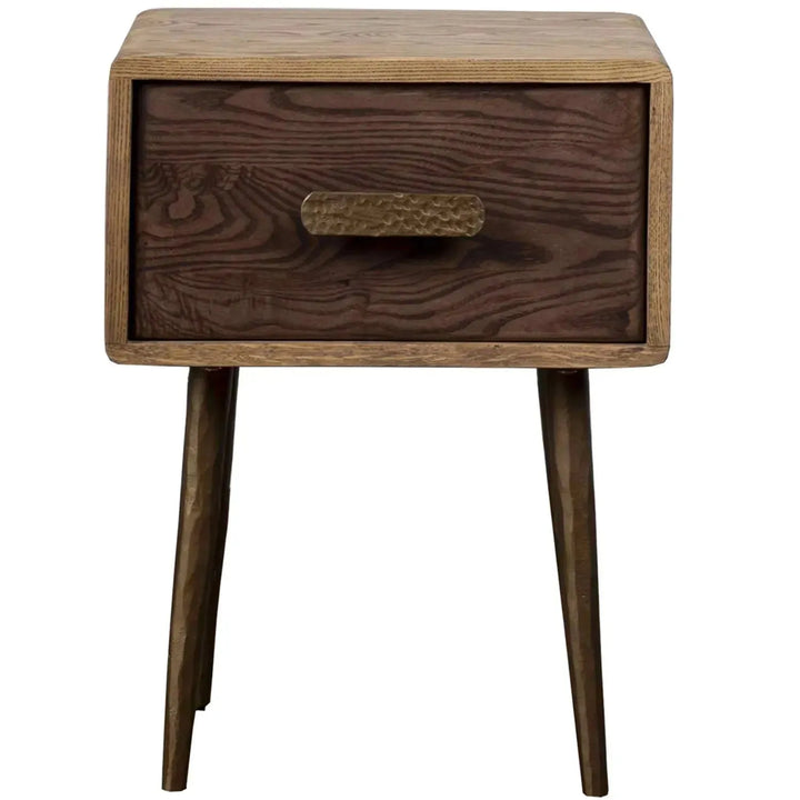 Vintage wooden side table hammer brass in white background.