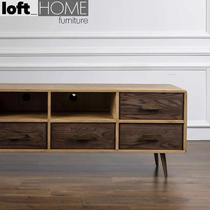 Vintage wooden tv console hammer brass material variants.