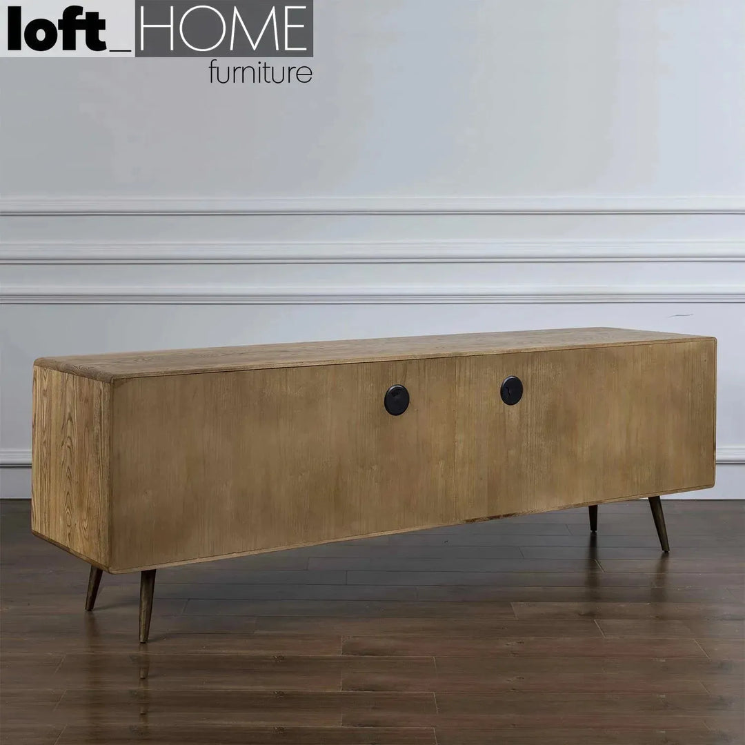 Vintage wooden tv console hammer brass in real life style.