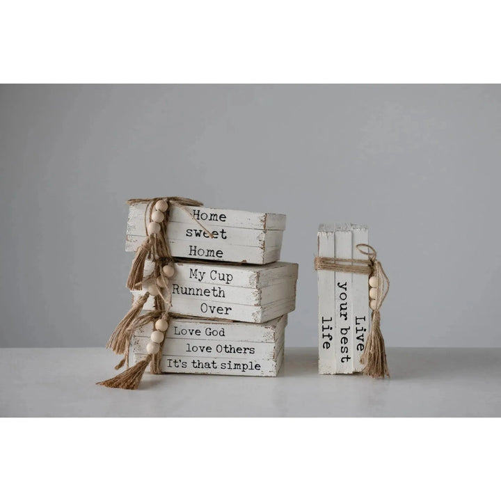 Wood block faux books with saying, 4 styles decor color swatches.