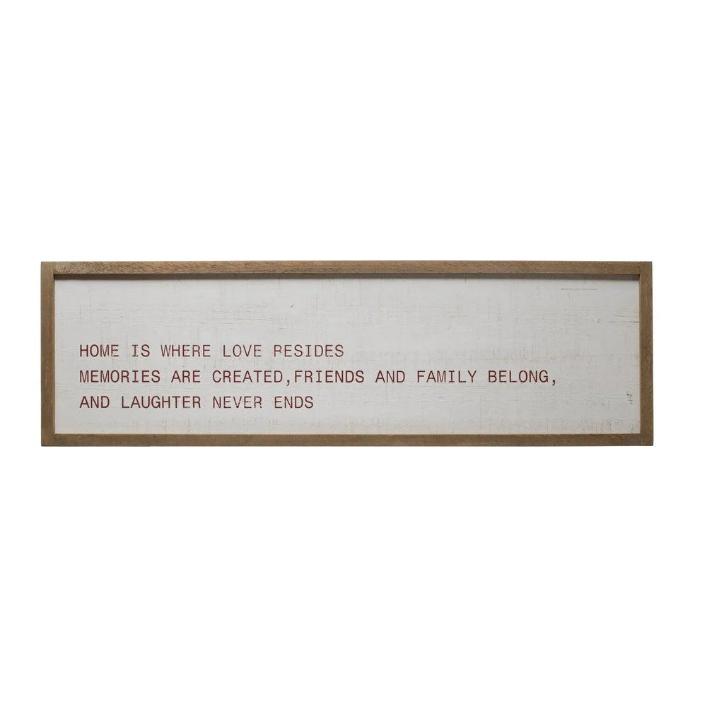 Wood painting, "home is where ?" in white background.
