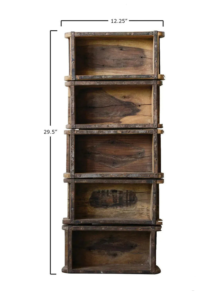 Wood wall decor with 5 shelves size charts.
